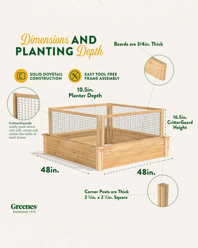 Cedar Raised Bed with CritterGuard Fence, 4' x 4' x 10-1/2"